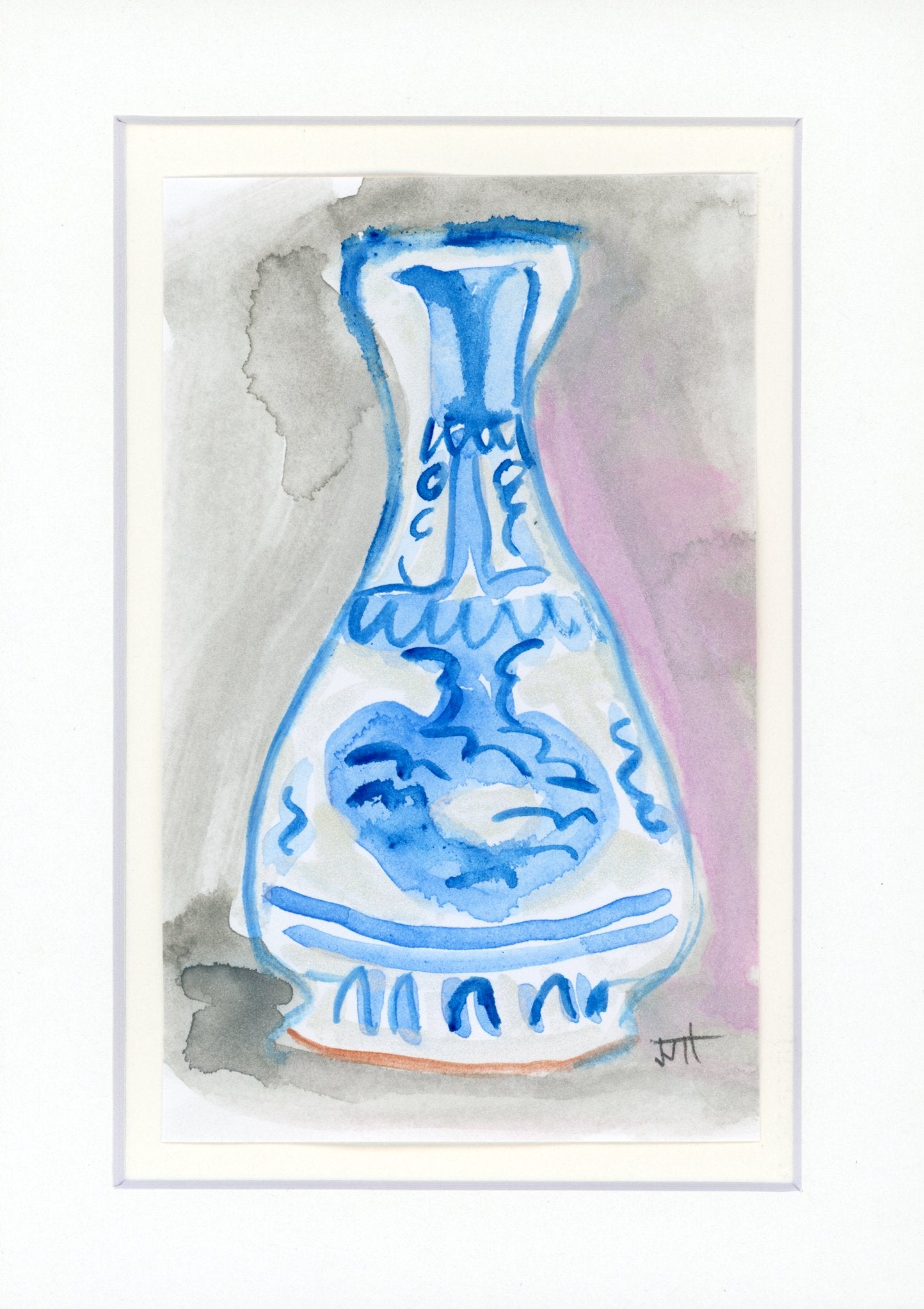 Mid 14th Century Blue and White Vase | Small Watercolor by JJHogan