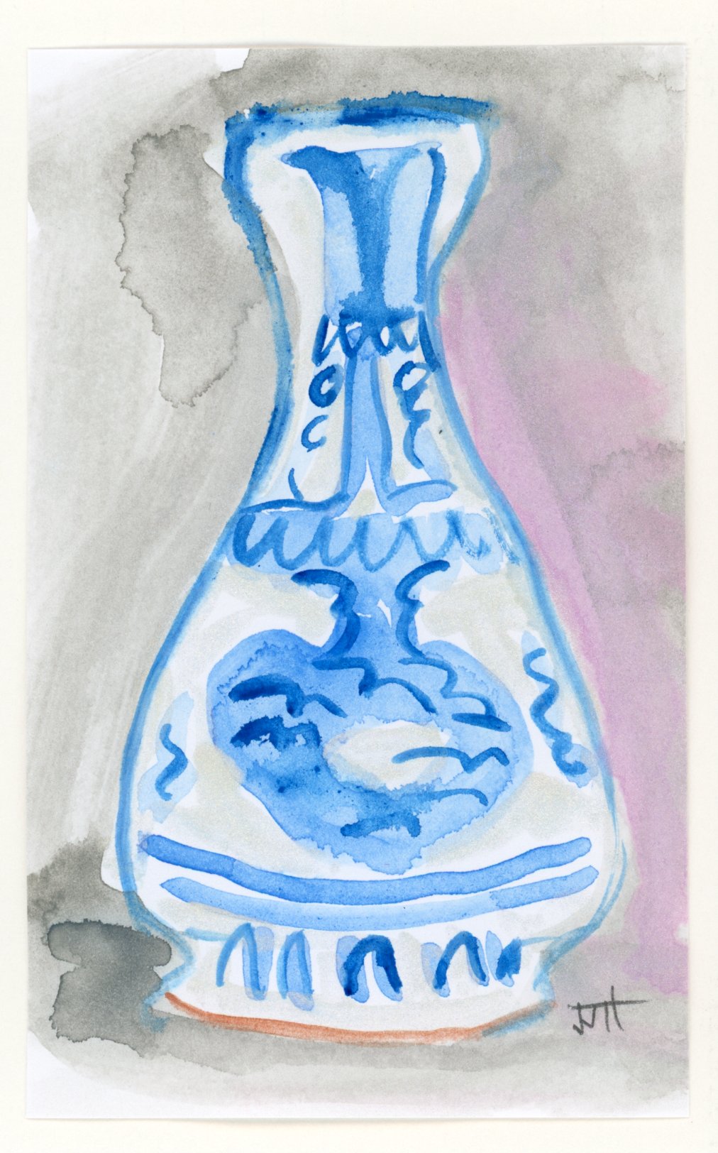 Mid 14th Century Blue and White Vase | Small Watercolor by JJHogan